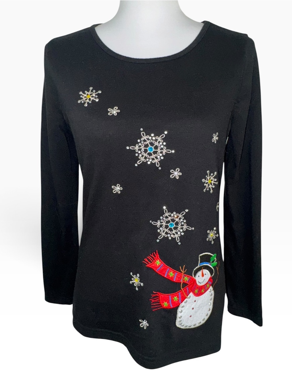 Kim Rogers Snowman Christmas Shirt S Black Rhinestone Snowflake Long Sleeve